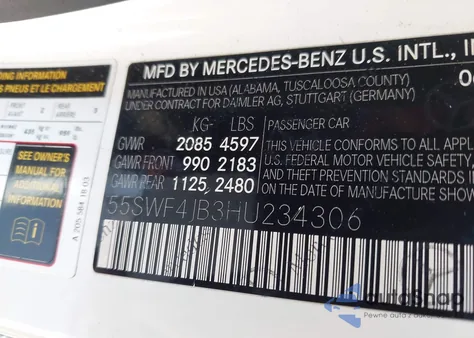 2017 Mercedes-Benz C 300 из США, поврежденный, VIN 55SWF4JB3HU234306